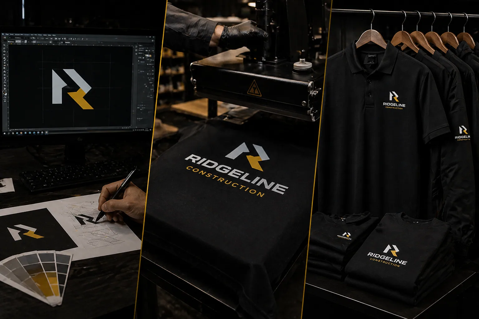 Three-panel collage showing a logo sketch on screen, branded shirts under a heat press, and finished black polo shirts on hangers